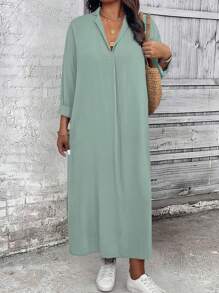 Linhara Plus Size Women's Casual Loose Daily Basic Solid Color Dress Fall Cloth For Women - Green - View 1