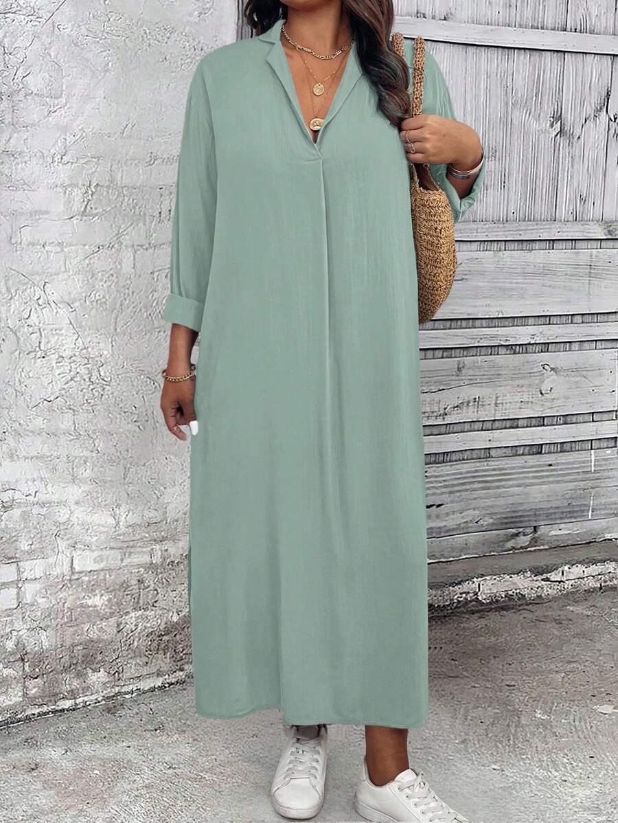 Linhara Plus Size Women's Casual Loose Daily Basic Solid Color Dress Fall Cloth For Women - Green - View 1