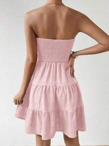 Chiquease Women's Summer Beach Vacation Minimalist Solid Color Textured Fabric Tiered Hem Strapless Short Dress