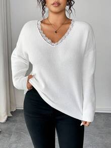 Elenzga 1pc Women Plus Size V-Neck Bow Lace Patchwork Pearl Long Sleeve Cute Elegant Knitted Sweater Pullover, Suitable For Spring/Autumn Winter Fall - White - View 3