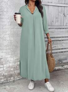 Linhara Plus Size Women's Casual Loose Daily Basic Solid Color Dress Fall Cloth For Women - Green - View 5