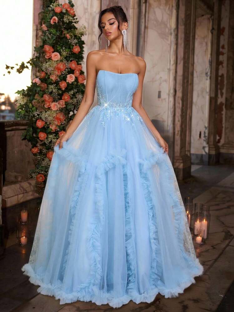 Glamrae Saia Maxl Peplum Elegante e Luxuosa com Renda de Lantejoulas Florais de Pérolas, Tela Plissada Sexy, Adequada para Casamento, Despedida de Solteira, Férias, Gala, Vestido de Festa Formal (Enfeites Pesados) - Cinza Azul - Visão 5