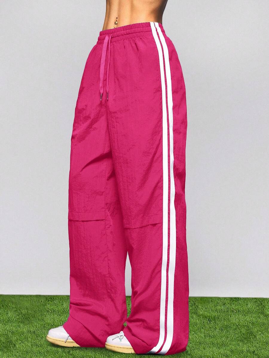 SHEIN Cheerettes Women's Casual Daily Striped Drawstring Waist Sports Activewear Bottom Pants - Pink - View 1