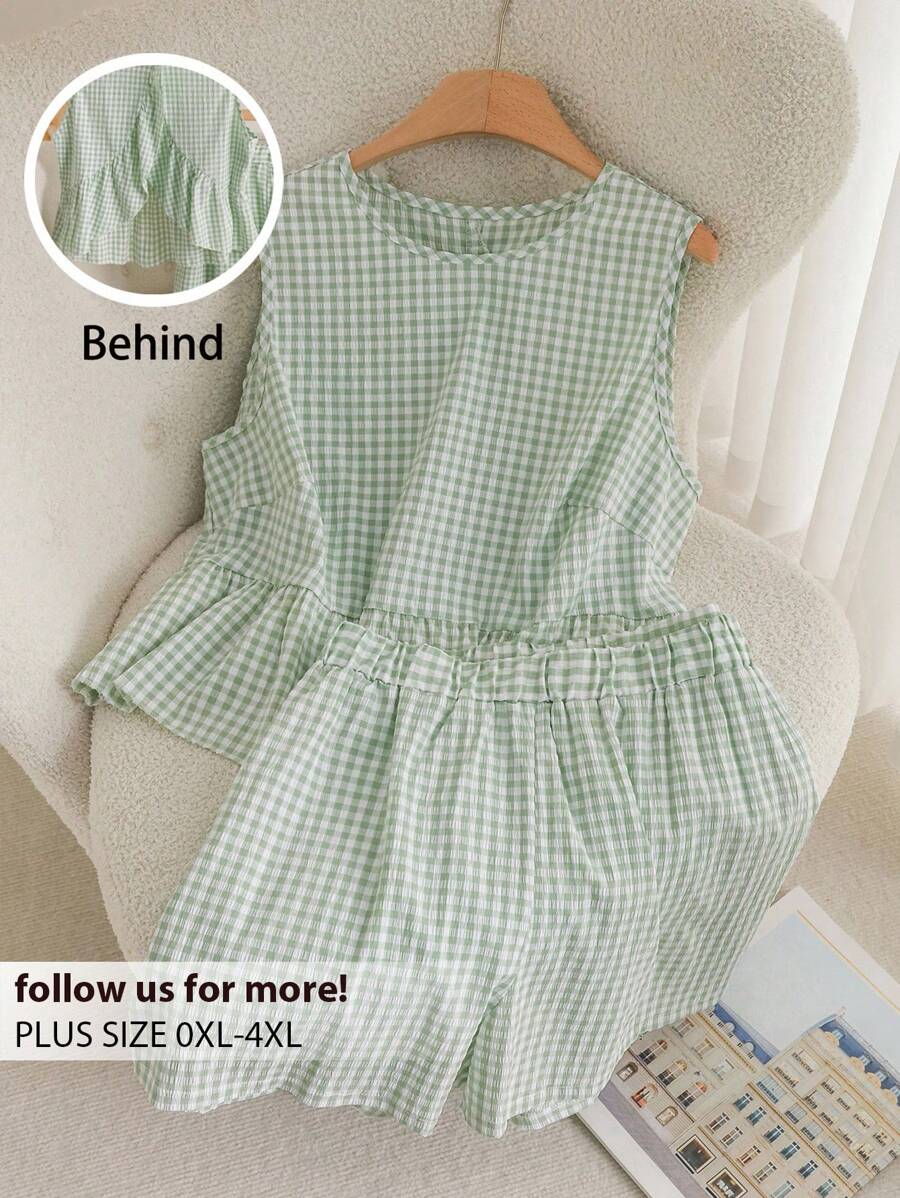 CosyJoli Set da donna taglie forti a quadri composto da 2 pezzi, blusa e pantaloncini casual di design elegante per taglie forti, colore verde, adatto per vacanze/uscite casual - Verde - Visualizzare 1