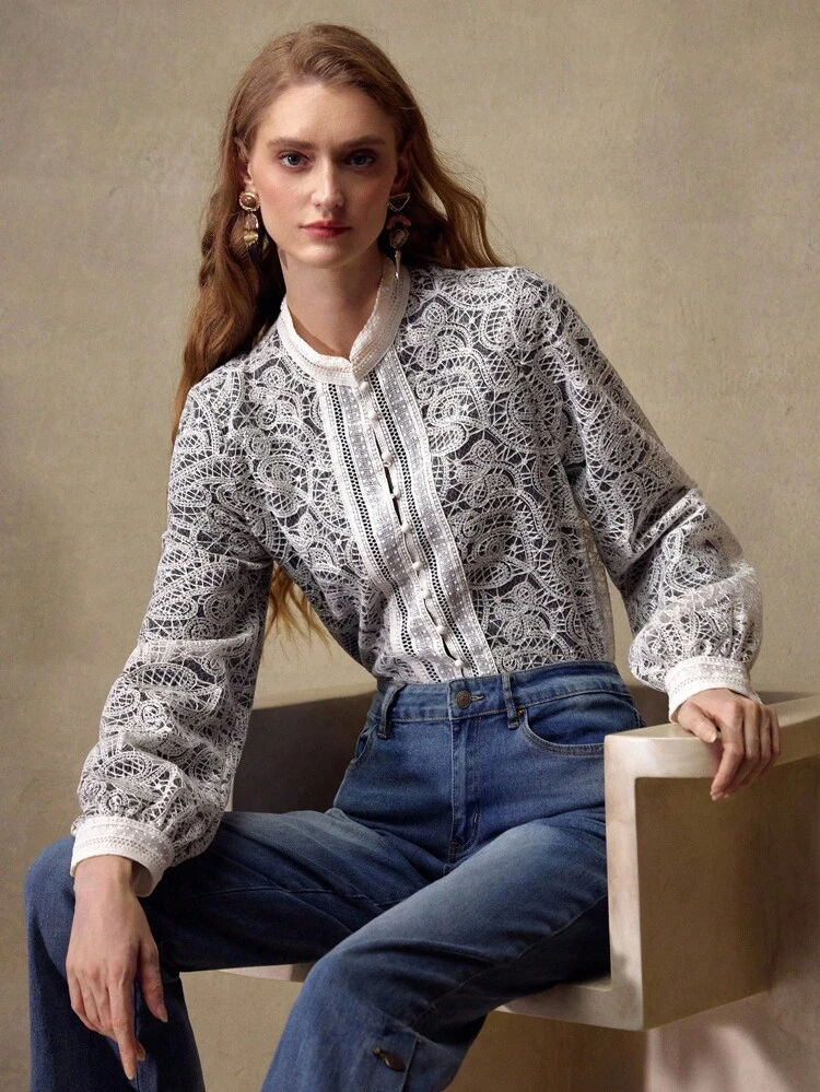 GUIPURE LACE BUTTON UP BLOUSE