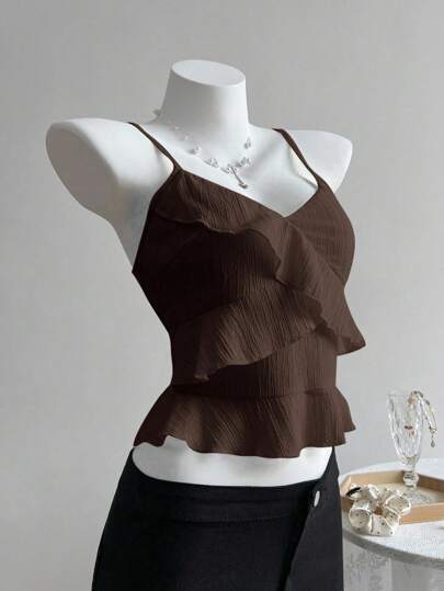 Elamini Women's Summer Casual Solid Color Ruffle Strap Top