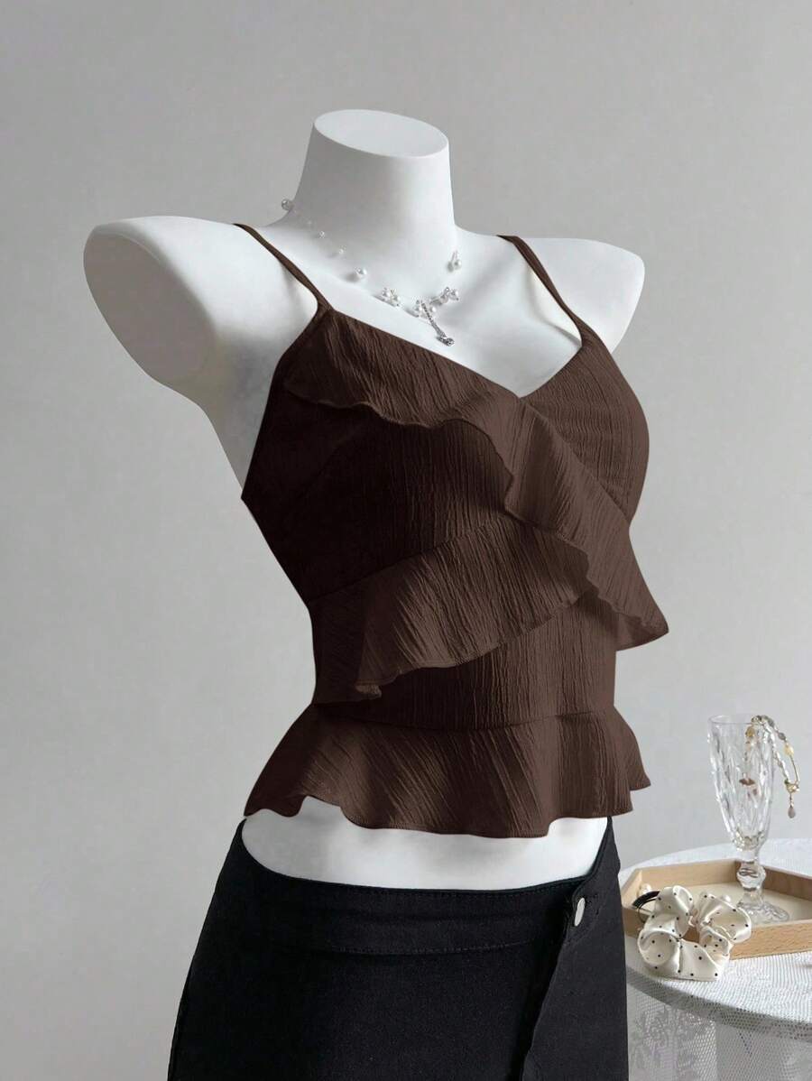 Elamini 女式夏季休闲纯色荷叶边吊带上衣 - 棕色 - 查看 1