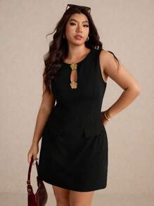 Elaquor 大码女式镂空金属纽扣玫瑰金扣设计无袖紧身中长连衣裙，通勤休闲装，黑色无袖大码连衣裙