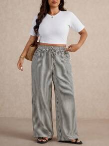 Elaquor 大码女式黑色和杏色条纹休闲通勤裤，百搭日常长裤，2025 年新品 - 彩色 - 查看 3