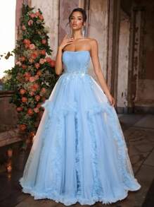 Glamrae Fustă maxi elegantă de lux, cu perle, paiete, dantelă florală, etichete, tifon, cu volane, sexy, bustieră, peplum, potrivită pentru nuntă, petrecere a burlacilor, vacanță, gală, rochie de seară formală (cu ornamente intense). - Gri Albastru - Vizualizare 1