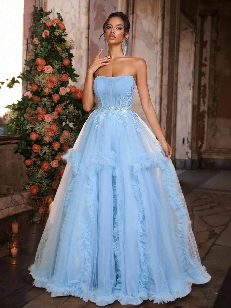 Glamrae Fustă maxi elegantă de lux, cu perle, paiete, dantelă florală, etichete, tifon, cu volane, sexy, bustieră, peplum, potrivită pentru nuntă, petrecere a burlacilor, vacanță, gală, rochie de seară formală (cu ornamente intense). - Gri Albastru - Vizualizare 1