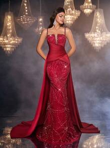 Glamrae 优雅、奢华、性感、时尚的勃艮第亮片面料深 V 领细肩带紧身胸衣长袖美人鱼喇叭礼服，带褶皱、胶骨、露背、拖尾，适合度假、婚礼、派对、舞会、正式晚装（豪华版） - 紅色 - 查看 6