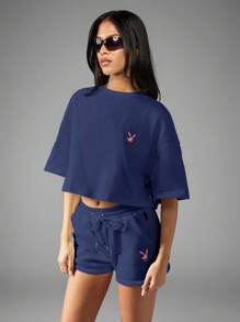Missguided x Playboy 抽绳泡泡字母图案高腰休闲慢跑短裤节日春夏运动休闲街头风女士短裤 - 藏蓝色 - 查看 2