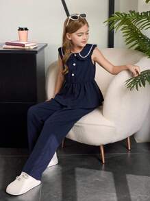 Girls' Navy Blue Sleeveless Casual Suit, Countryside Cute Style - Navy Blue - View 5