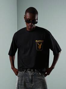 PLAYBOY X SUMWON Áo thun cotton tay ngắn thời trang đường phố cỡ lớn in họa tiết cơ bản tạp chí giải trí biểu tượng logo phong cách retro thiết kế tuyên bố - màu đen - Xem 2