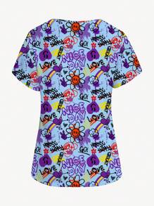 PopScrub Plus Size Women V-Neck Short Sleeve Double Pocket Hang Ear Design Cute Cartoon Graffiti Simple Prosperity Print Nurse Uniform Top/Doctor Work Wear Top/Examination & Surgery Uniform Top/ Solid Color Pet Grooming Work Wear Top/ Nutritionist Work Wear Short Sleeve Top/ Lab Work Wear Top, Multi-Pocket Functional Work Wear Top