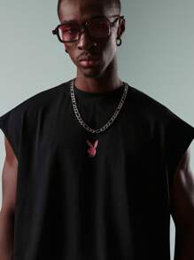 PLAYBOY X SUMWON 夏季节日肌肉背心兔子图案街头潮流都市时尚做旧印花复古风格男士背心 - 黑色 - 查看 5