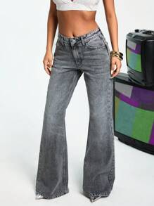 EURMUSE 100%纯棉低腰灰色喇叭牛仔裤 - 深灰色 - 查看 6