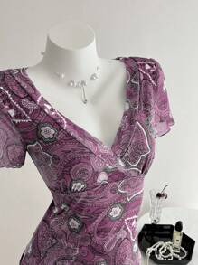 Elamini Damen Lässig Paisley Muster Kurzarm T-Shirt, Sommer - Heißes Pink - Übersicht 4