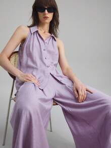 Ontre Bộ trang phục phong cách nghỉ dưỡng 2 món dành cho nữ, vải len và tencel, trang phục công sở thường ngày, phù hợp cho bãi biển, ngày lễ, lễ hội âm nhạc, phong cách Boho - Màu tím - Xem 3