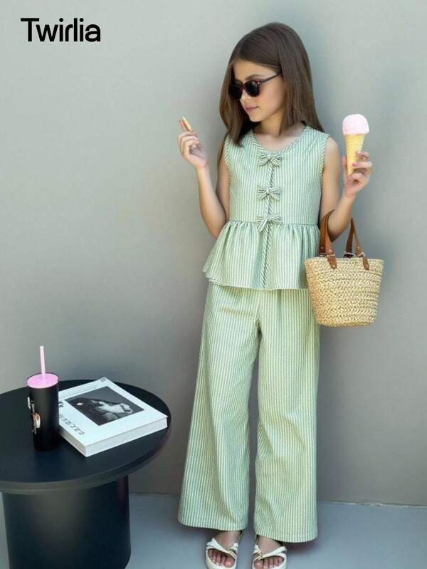 SHEIN Set de 2 piezas para niñas (talla grande): Top de chaleco con decoración de lazo y botón + Pantalones alargados