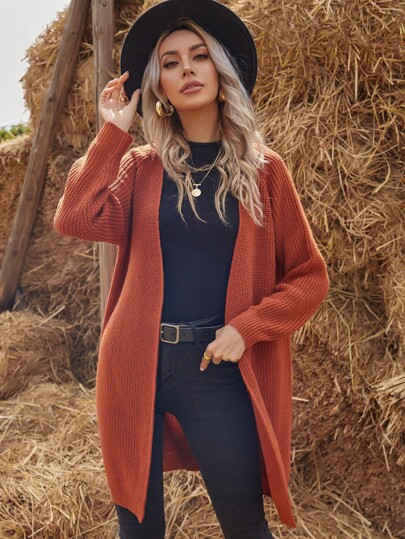 SHEIN Tall Tall Casual Versatile Solid Color Open Front Mid-Length Cardigan