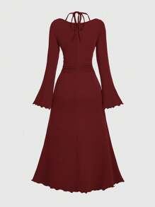 SHEIN Serisse Kids Đầm dài tay cạp trễ màu trơn thời trang thường ngày thanh lịch cho bé gái tuổi teen - Màu Đỏ Sâu - Xem 8