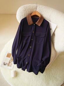 CosyJoli Plus Size Casual Corduroy Contrast Collar Patchwork Topstitch Utility Pocket Boxy Jacket Winter Fall Autumn Fall/Winter - Navy Blue - View 6