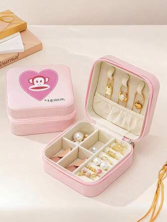 Paul Frank X ROMWE Small Jewelry Box, Women's And Men's Travel Jewelry Box, Pu Jewelry Rack, Storage Rack, Pink Ring And Earring Storage Box