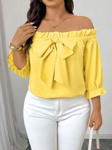 Elenzga Plus Size Off Shoulder Plain Bow Decor Casual Summer Blouse - Yellow - View 4