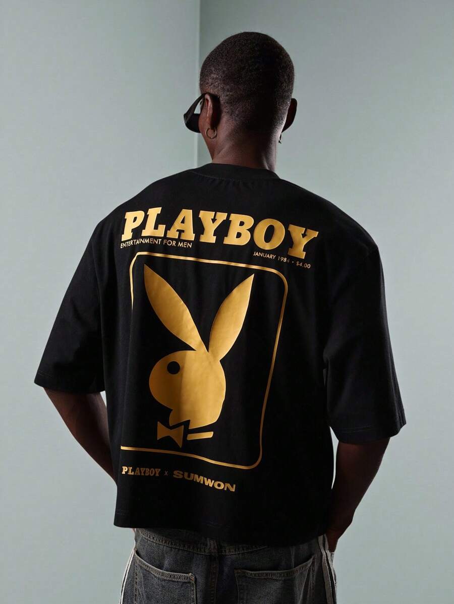 PLAYBOY X SUMWON Áo thun cotton tay ngắn thời trang đường phố cỡ lớn in họa tiết cơ bản tạp chí giải trí biểu tượng logo phong cách retro thiết kế tuyên bố - màu đen - Xem 1