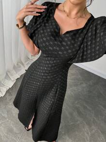 Modelyn Women's Elegant Floral Jacquard Dress,Women Stylish Casual Fall Autumn Outfits, Cute Vintage Modest Women Outfits, Back To School School Outfits, Back To School Dresses, Women Teacher Outfits - Black - View 1