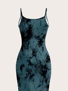 SHEIN EZwear 休闲简约橄榄绿色全印花紧身长裙，适合夏季 - 彩色 - 查看 3