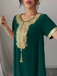 Rafferiza Women's Casual Elegant Gold Lace Trim Long Sleeve Dress Summer Dress Clothes For University - Dark Green - View 6