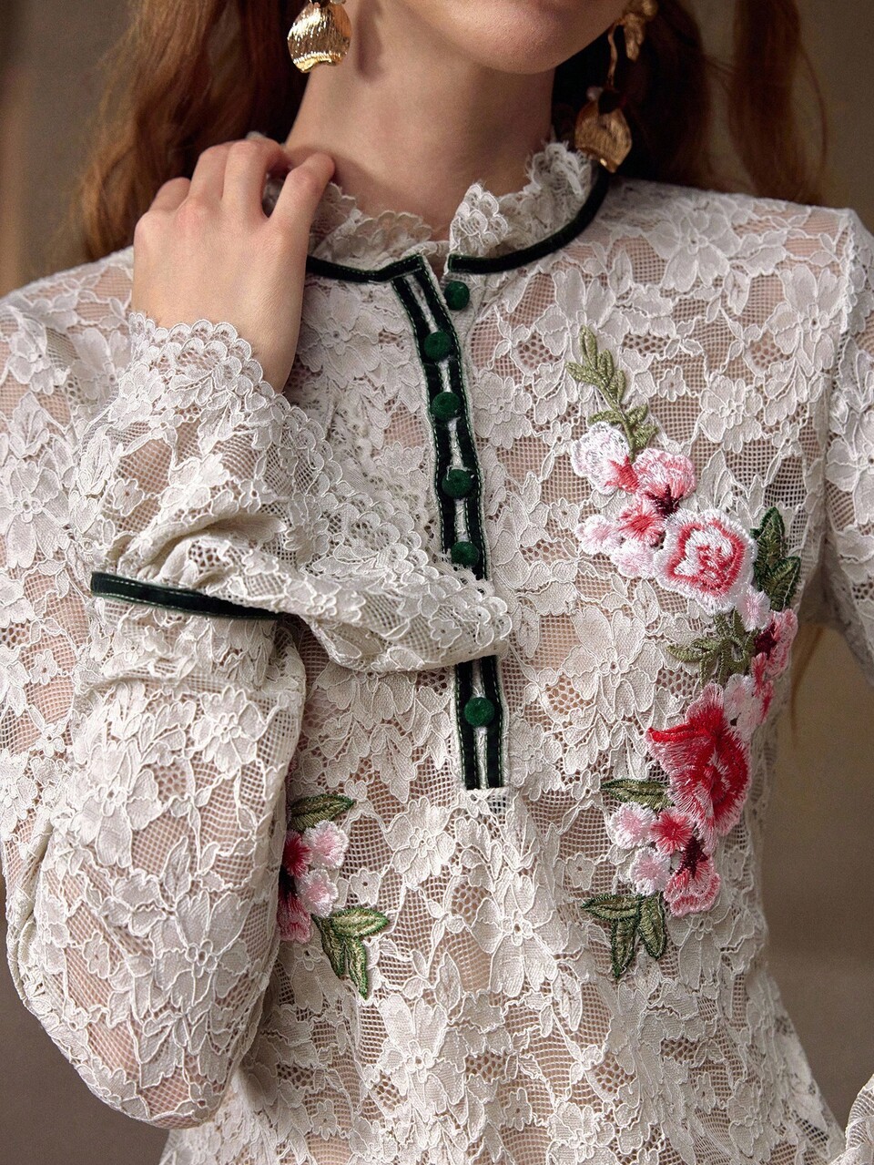 ELEGANT EMBROIDERY FLORAL APPLIQUES FLARE SLEEVE CONTRAST PIPING LACE SEMI-SHEER BLOUSE