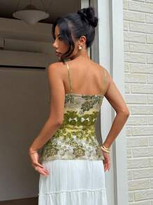 Sunnyshic Ombre Retro Print Ruffle Trim Summer Casual Camisole Top - Olive Green - View 2