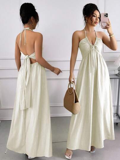 Rafferiza Halter Lace Up Backless A-Line Dress