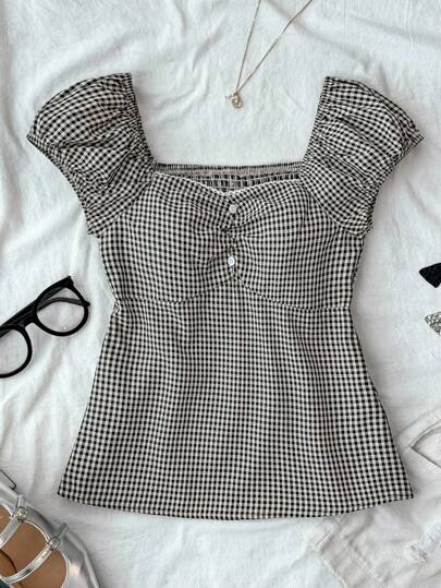 SHEIN Tween Girls' Casual Minimalist Comfortable Plaid Button Down Shirt With Back Detail