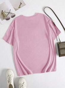 SHEIN 女式动漫人物与字母印花宽松休闲圆领短袖 T 恤，夏季图案 T 恤女式上衣 - 粉色 - 查看 2