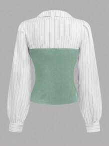 2pcs/Set Elegant Casual Striped Woven Patchwork Blouse Top And Black Slim Flare Pants Outfit, Suitable For Spring/Autumn, Teenage Girls - Mint Green - View 6