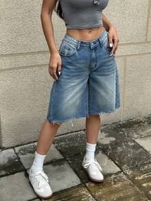 SHEIN PETITE Calções Bermuda de Ganga para Mulher Petite - Azul - Ver 3