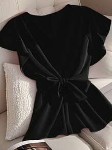 Franclia 优雅通勤纯色荷叶边衬衫，适合大学穿着 - 黑色 - 查看 1