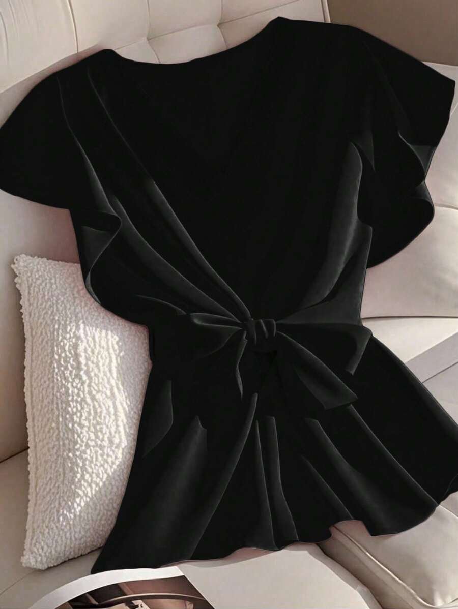 Franclia 优雅通勤纯色荷叶边衬衫，适合大学穿着 - 黑色 - 查看 1