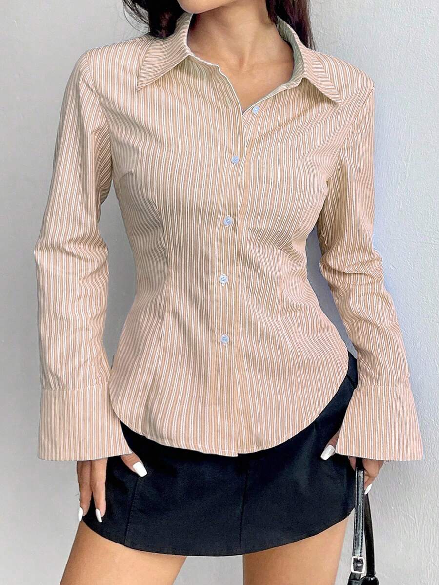 Flirla 休闲通勤条纹修身长袖衬衫 - 橘色 - 查看 1