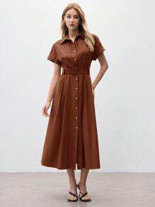 BizChic Vestido de largo medio, cuello de camisa, apertura frontal, botones de un solo pecho, cinturón de cintura ajustable de la misma tela, manga corta, elegante minimalista casual, vacaciones, fiesta, cita, invitada a boda, Día de la Independencia, temporada de graduación, festival de música, estilizante, versátil, de alta gama, reunión social de verano, salida - Café integral - Ver 6