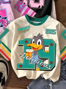 3 件年轻女孩休闲简约甜美蝴蝶结，英文数字 23 印花，图形数字 25 鸽子图案，数字 19 和卡通动物印花，学院风运动休闲风格圆领短袖基本款 T 恤，适合春夏季 - 彩色 - 查看 4