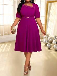 SHEIN Lady 春夏秋冬优雅朴素派对婚礼鸡尾酒会情人节音乐会/音乐节办公室紫色针织不对称领口喇叭褶饰腰带中长袖加大码连衣裙