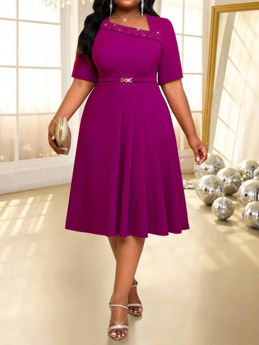 SHEIN Lady 春夏秋冬优雅朴素派对婚礼鸡尾酒会情人节音乐会/音乐节办公室紫色针织不对称领口喇叭褶饰腰带中长袖加大码连衣裙