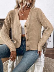 EMERY ROSE Versatile V-Neck Cardigan Sweater, Open Knit Outwear Loose Casual Minimalist Design, For Women Knitted Sweater Fall Winter Cloth For Women - Camel - View 5