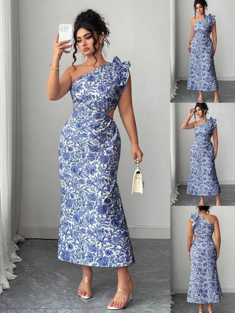 Elenzga Vestido asimétrico elegante con estampado floral para mujer talla grande - Multicolor - Añade 1